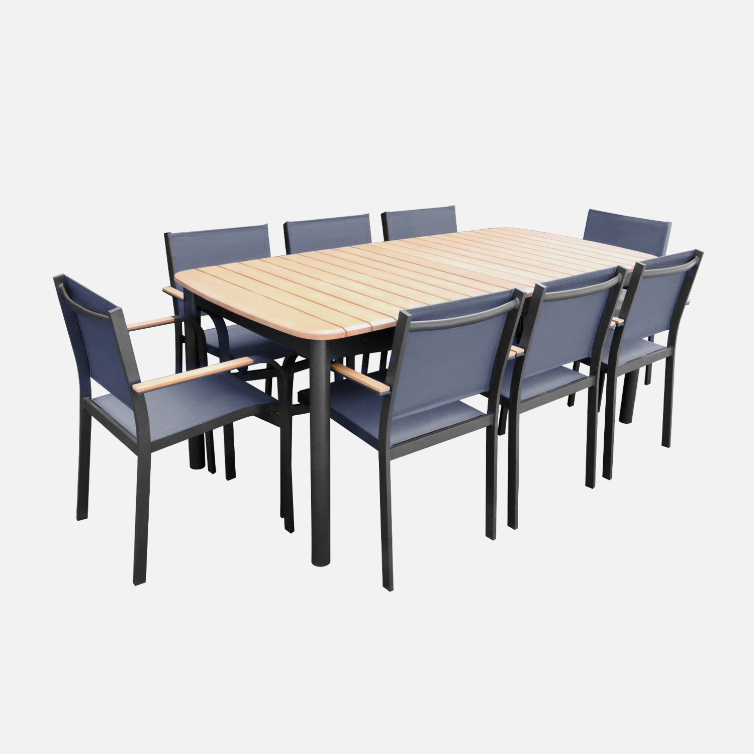 Set complet table de jardin papillon samana 190/254.4 x 93.5 x 76cm + 8 fauteuils couleurs bois clair anthracite. Bois d'eucalyptus