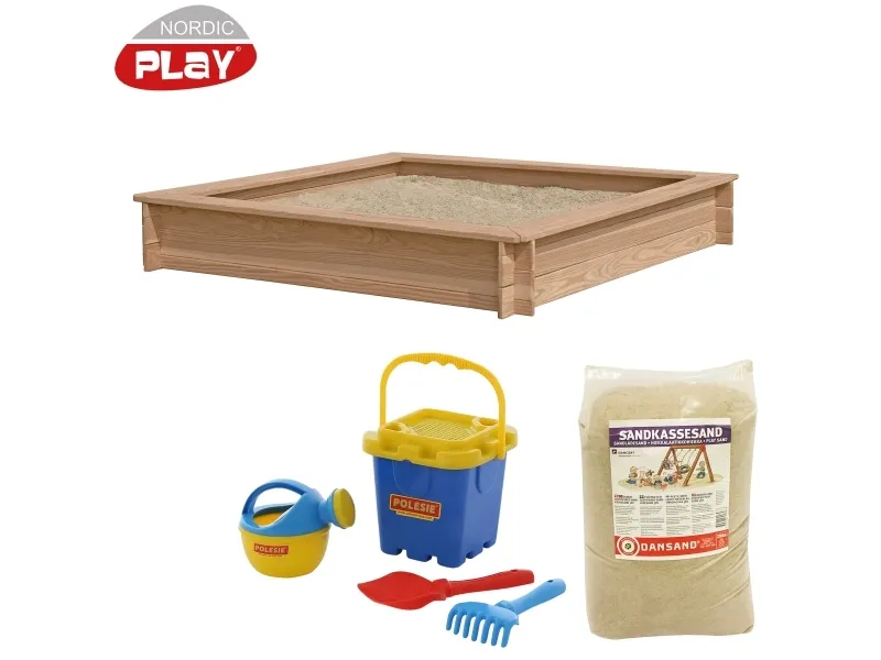 NORDIC PLAY Sandkasse lærk 150 x 150 cm inkl. 240 kg sand og blå spand (805-746)