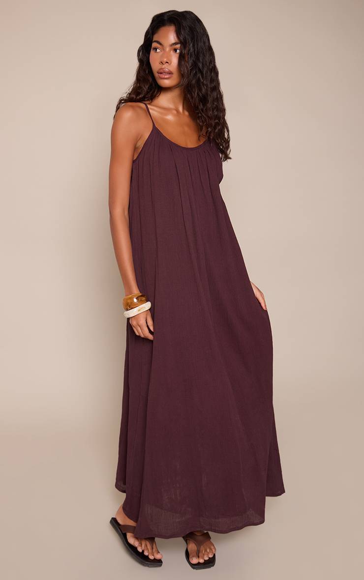 Marron Robe Longue Évasée À Encolure Arrondie Aspect Lin Texturé