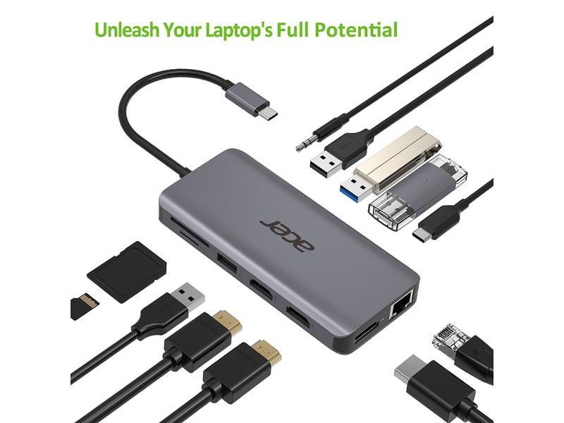 Acer Dockingstation USB-C 12-in-1 Dongle Mini Kompakte USB-C-Dock mit vielen Anschlussmöglichkeiten