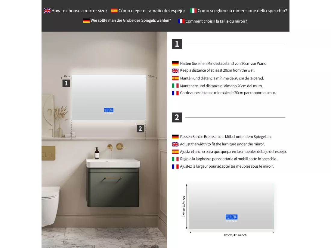 Miroir Salle de Bain avec Éclairage - 120 x 60 cm - Miroir LED Salle de Bain - avec Tactile, Anti-buée, Horloge, Température, Dimmable