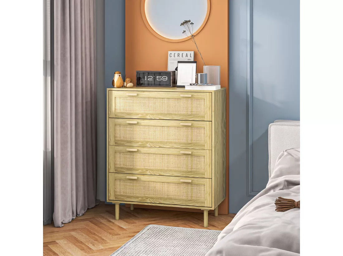 Commode 4 tiroirs style bohème chic - dim. 90L x 45l x 108,5H cm - façades tiroirs cannage rotin aspect chêne clair