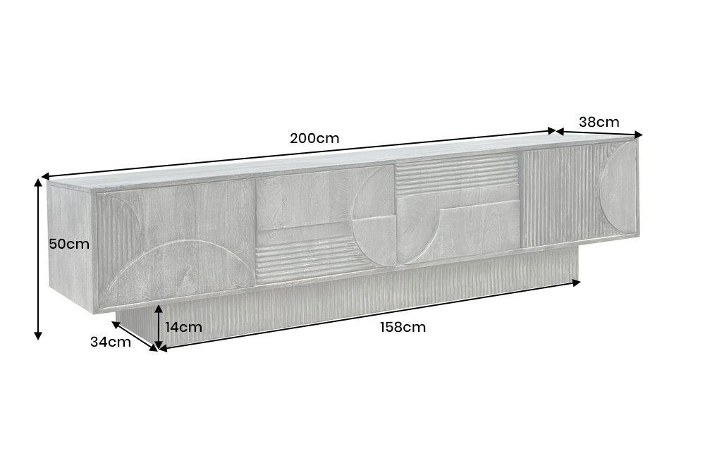 Massives TV-Board ART DECO 200cm grau Mangoholz Lowboard 3D-Front