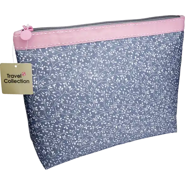 Kulturtasche grau / weiss mit rosa Dekoband