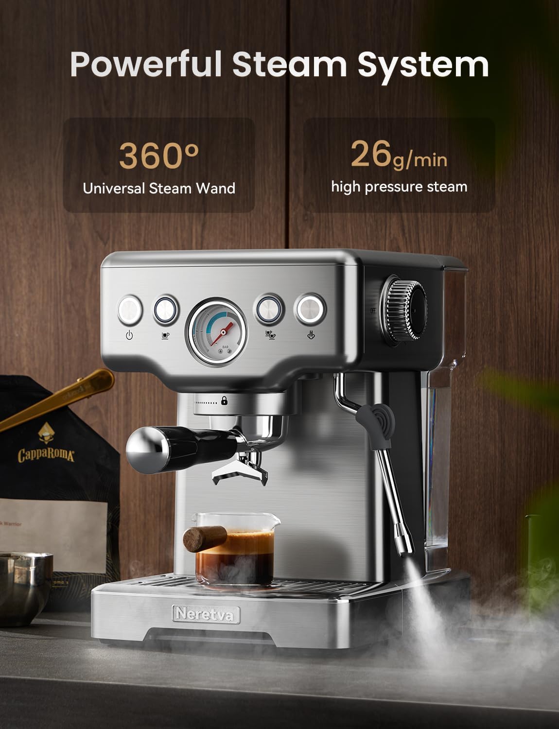Neretva Siebträgermaschine, Edelstahl Espressomaschine 15 Bar Professionellem Siebträger Kaffeemaschine mit Leistungsstarker Milchaufschäumer, Sichtbares Manometer, 1,8L-Tank, inkl. Barista-Kit
