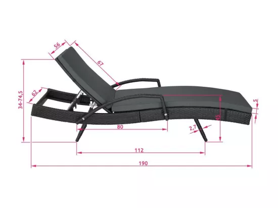Bain de soleil transat noire 190 x 62 x 74.5 cm 2208057