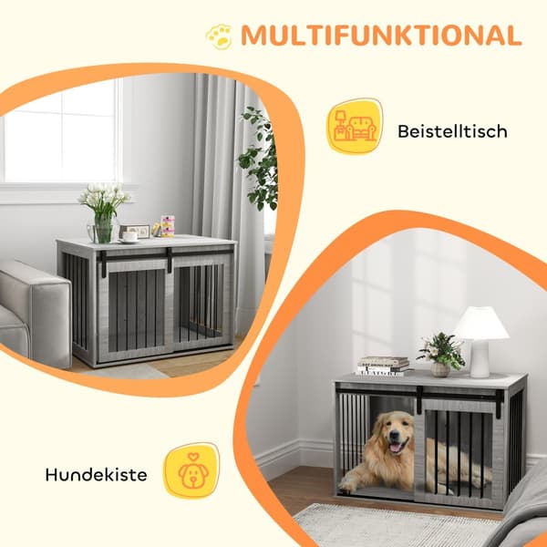 Hundebur til hjemmet, Låsbar hundekennel med inngang, Hundeboks med skyvedør, Hundehus for store hunder under 30 kg, Grå, 98 x 58 x 61 cm