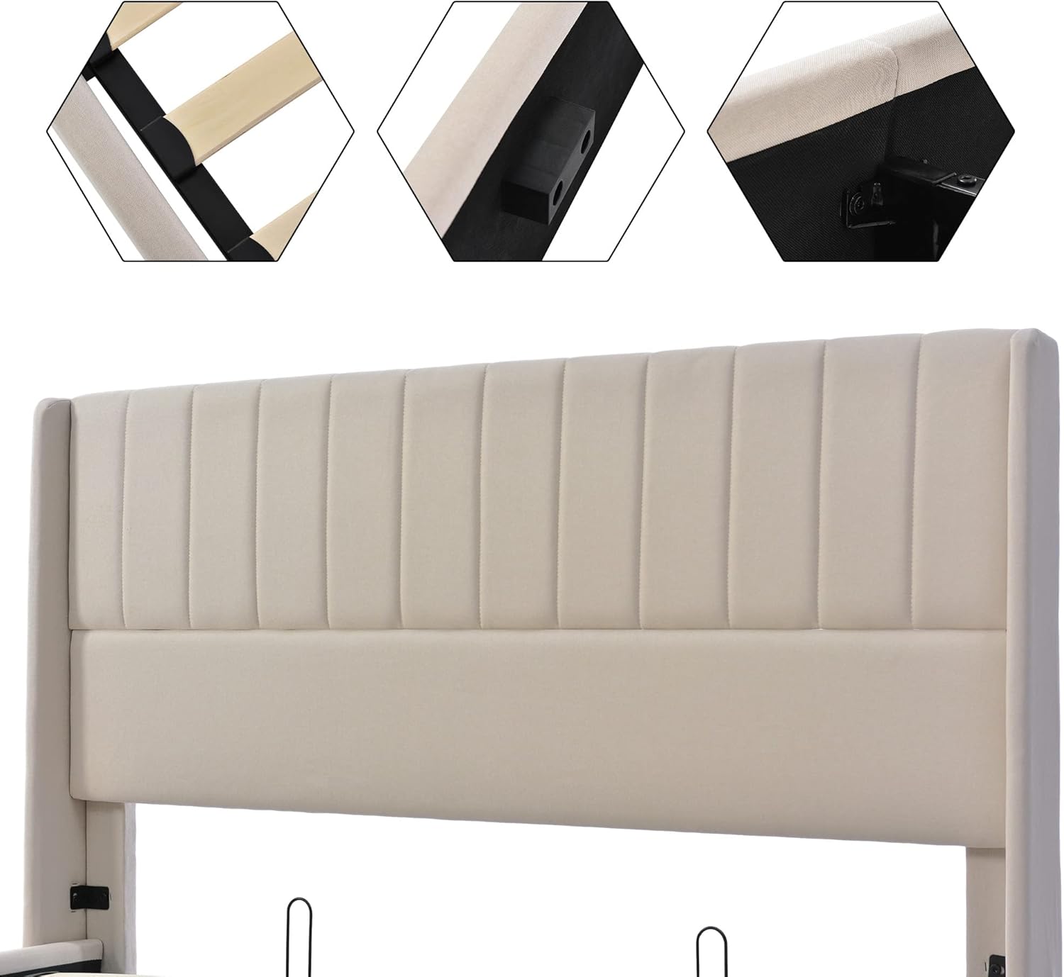 Merax Polsterbett 140 x 200cm, Hydraulisch Doppelbett mit Lattenrost & Bettkasten, Stauraumbett mit Kopfteil, Metallrahmen, Leinen, für Erwachsene & Jugendliche, ohne Matratze, Beige-Streifen