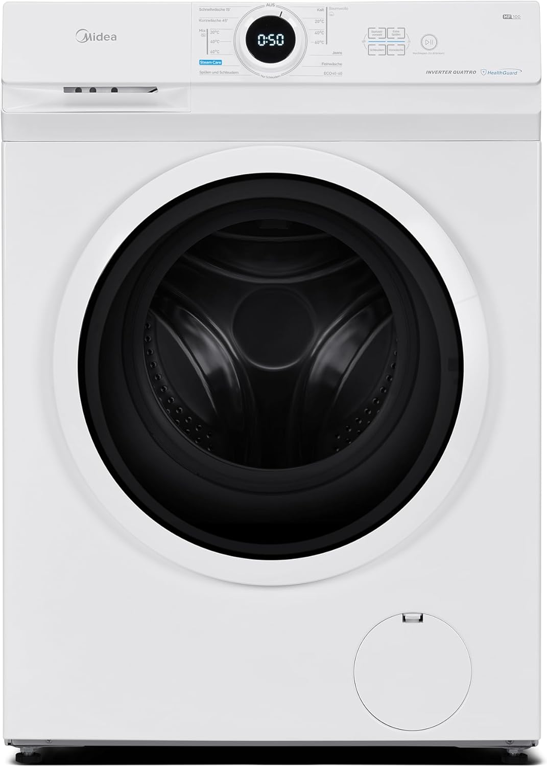 Midea MF10EW100B Waschmaschine / 10kg / 1400 U/Min/EEK A/Inverter Quattro Motor/Dampffunktion/Grosse Trommel/Nachlegefunktion/Kindersicherung/AquaStop, Weiß