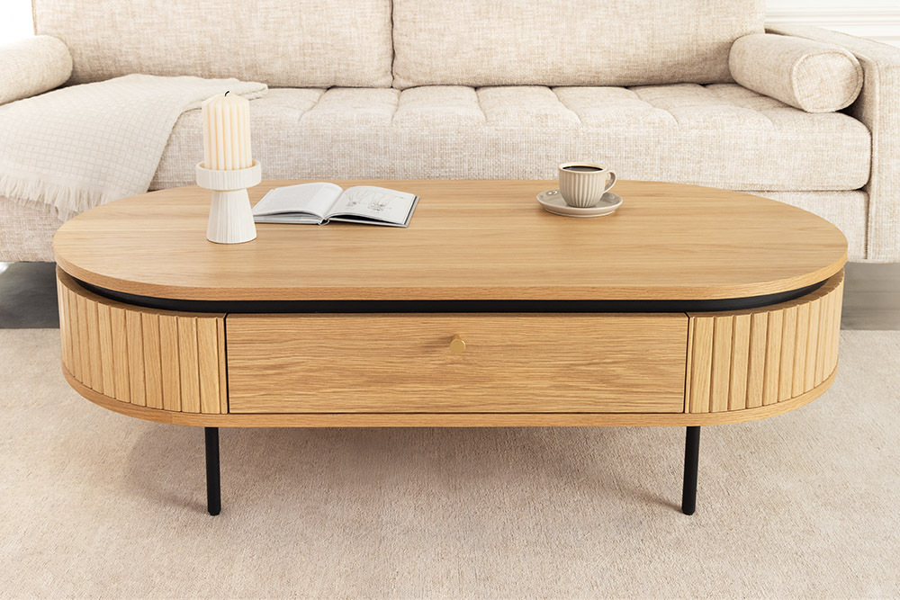 Moderner Couchtisch ATELIER 120cm natur Eiche schwarz mit zwei Schubladen