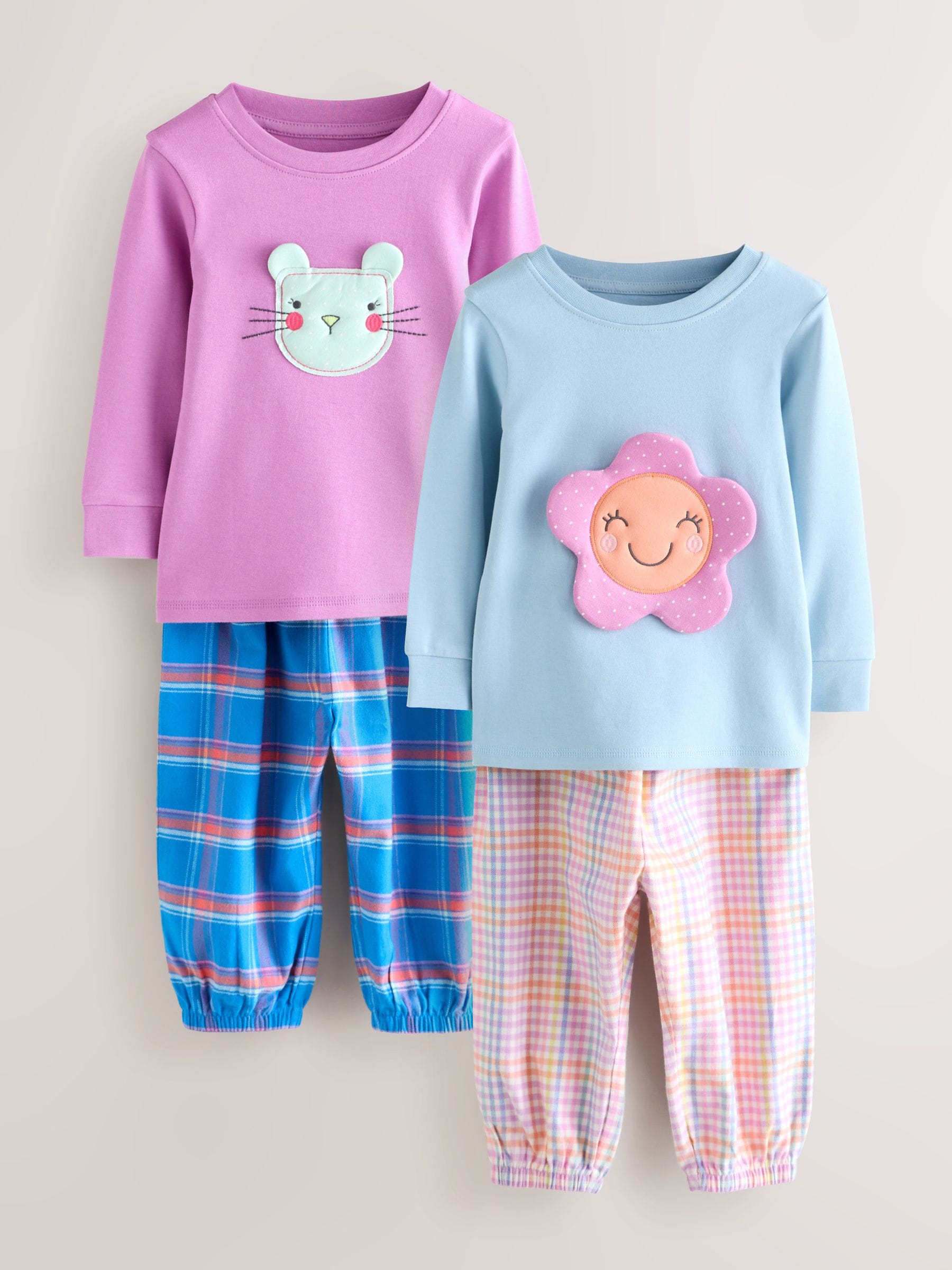 Blauw/roze met figuurtjes - Check Woven Bottoms Pyjamas 2 Pack (9mths-10yrs)