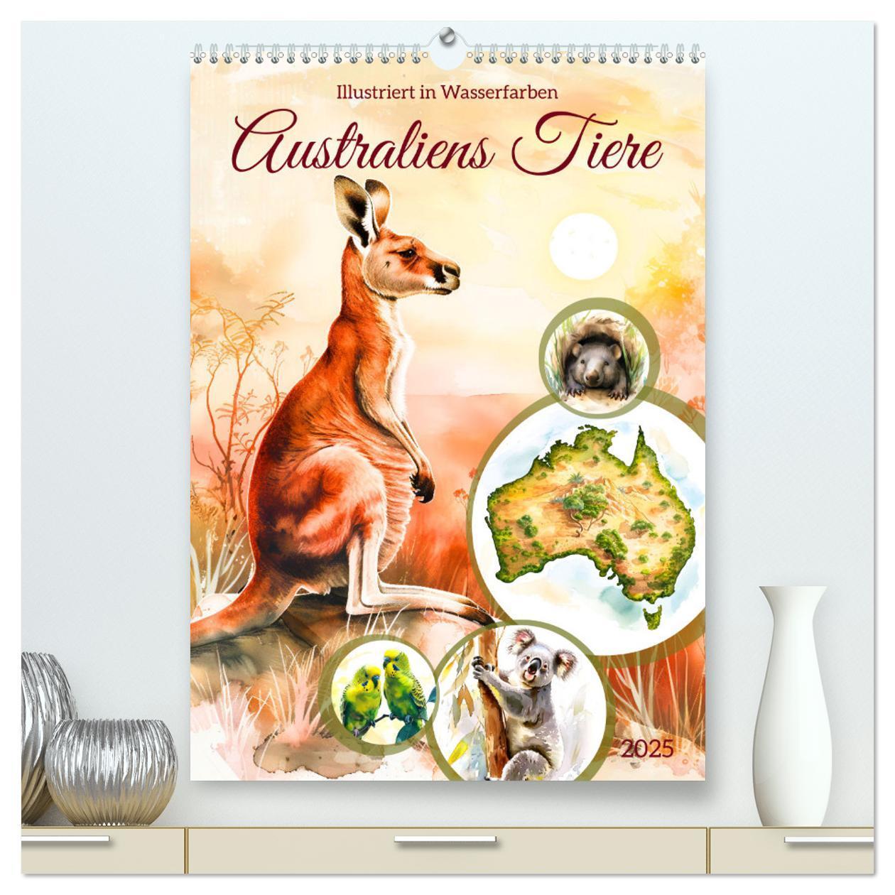 Australiens Tiere - Illustriert in Wasserfarben (hochwertiger Premium Wandkalender 2025 DIN A2 hoch), Kunstdruck in Hochglanz