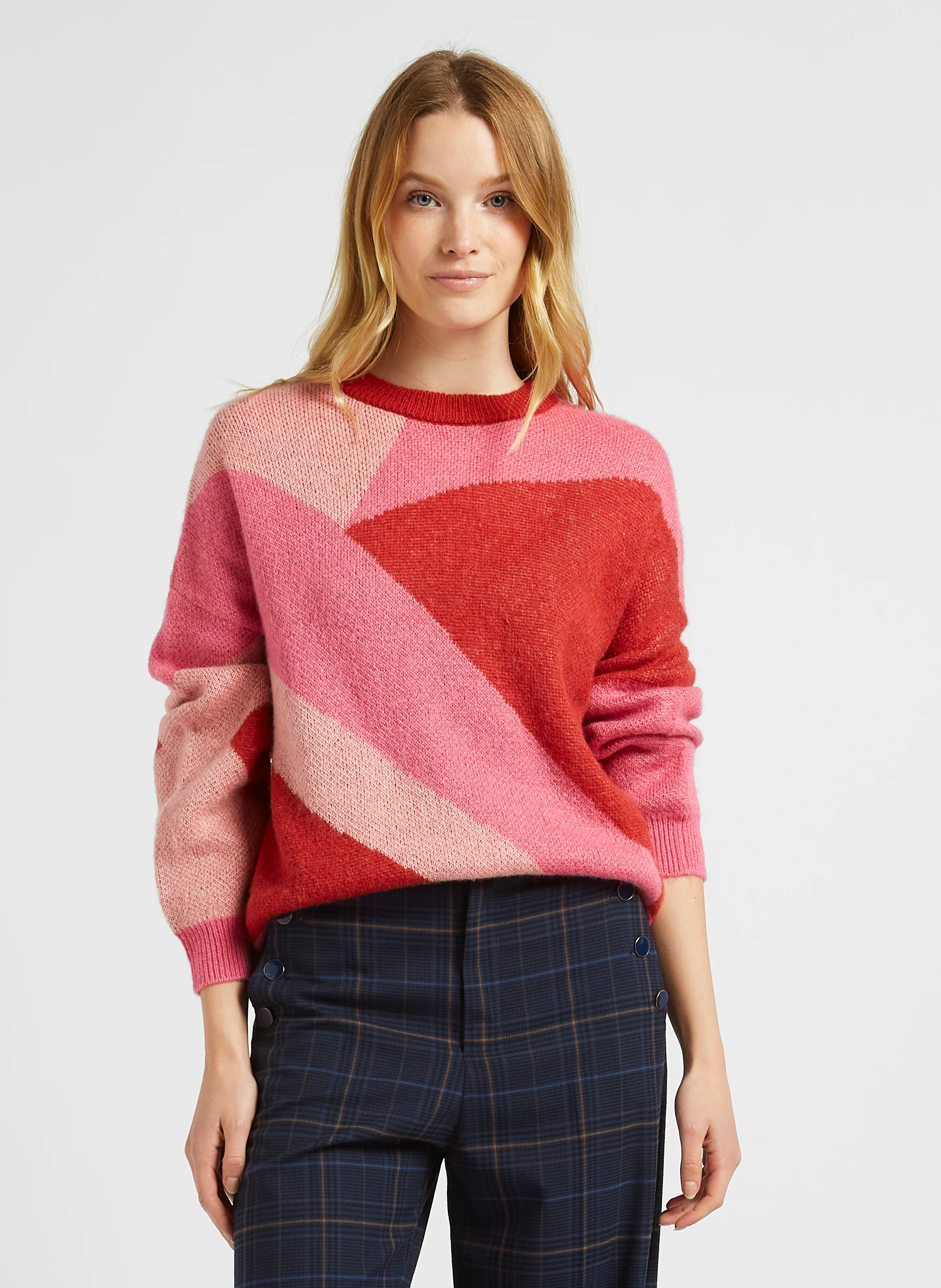Pull ample col rond jacquard en maille mélangée | Rouge