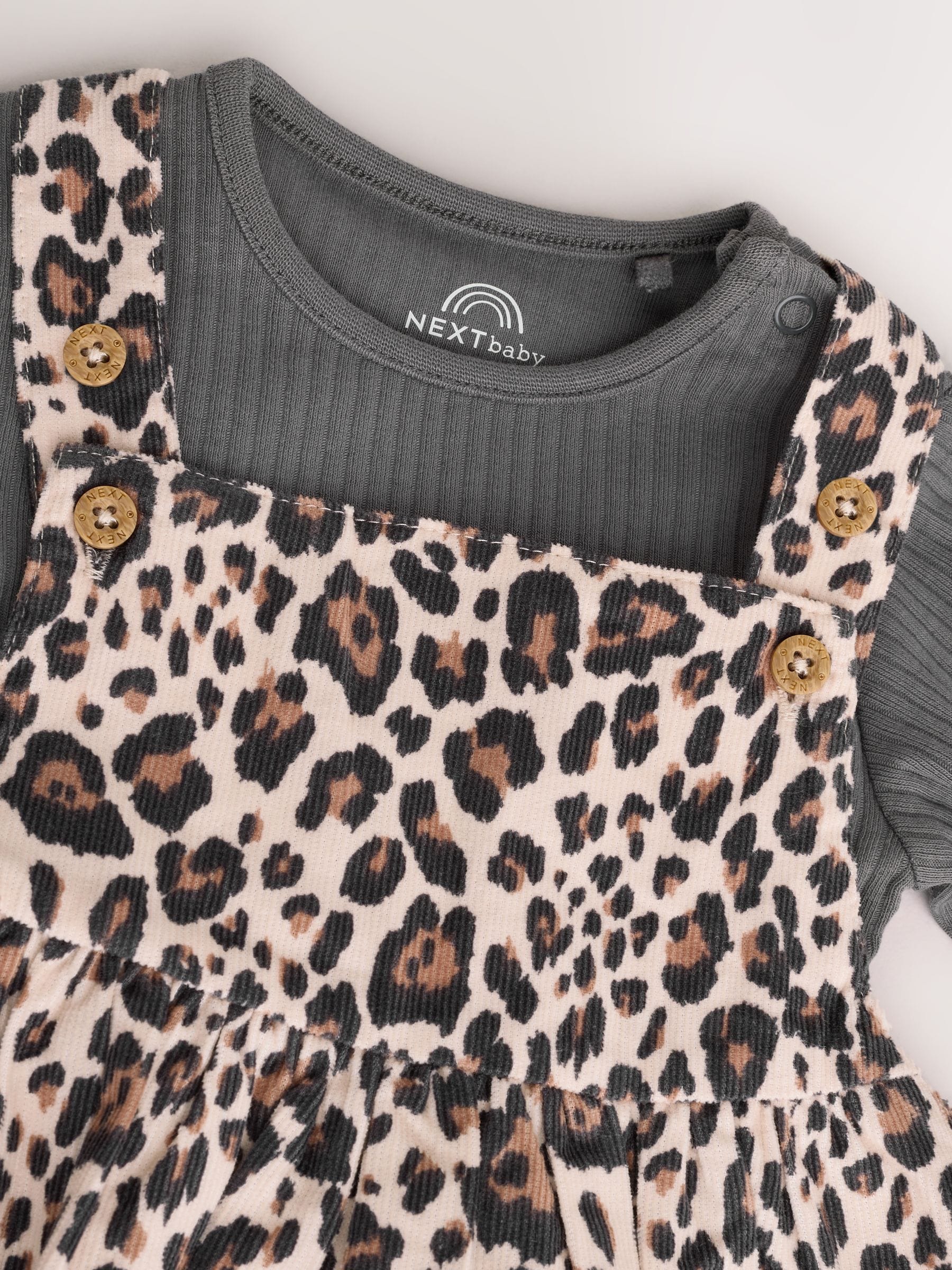 Antraciet met luipaardprint - Set van corduroy pinafore, bodysuit met lange mouwen en maillot voor baby's (0mnd-2jr)