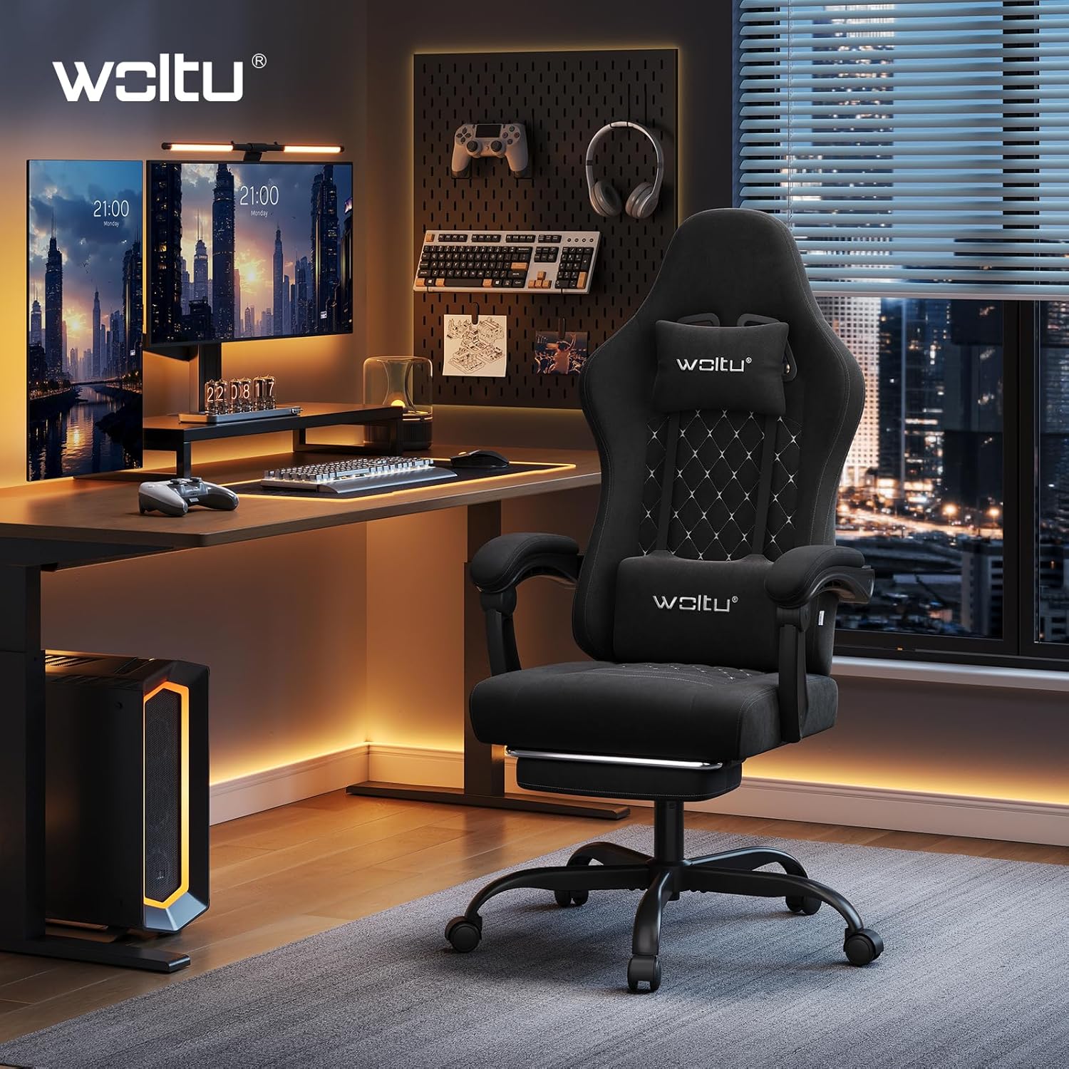 WOLTU Gaming Stuhl mit Massagefunktion, Computerstuhl Ergonomisch, Taschenfederkissen, Lendenmassage, Kopfkissen, Fußstütze, Drehstuhl, 150 kg, Tech-Stoff, Schwarz+Weiß