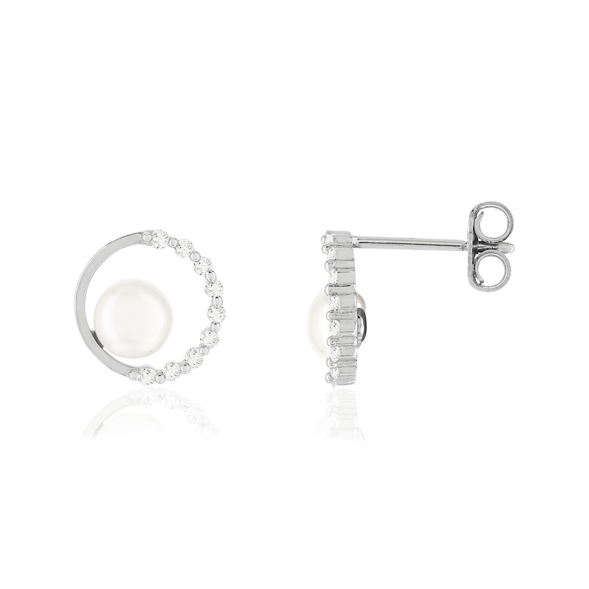 Boucles d'oreilles argent 925, motif cercle, perles de culture de Chine, zirconias.