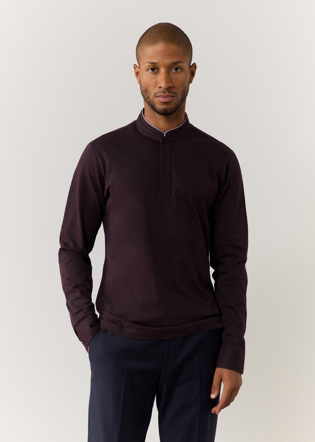 Polo manches longues Slim en coton uni bordeaux à col officier