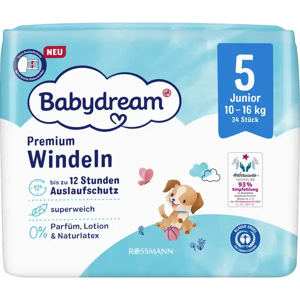 Premium Windeln Größe 5 Junior, 34 Stück, 10-16 kg