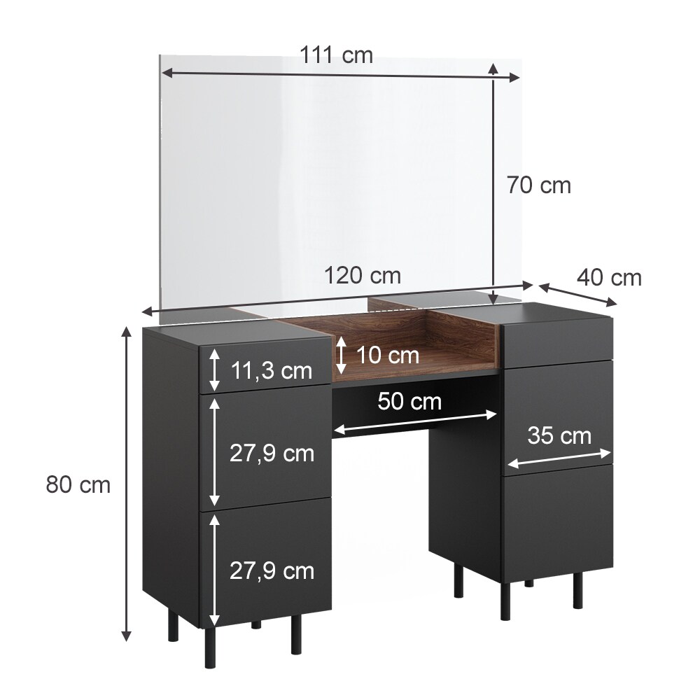 Vicco Schminktisch Anika mit Spiegel, 120 x 80 cm, Anthrazit Walnussbraun, Schlafzimmer