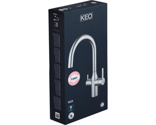 KEO NOA keukenkraan met filterfunctie, chroom, inclusief BWT MyAqua Soft filter en filterkop, filtert chloor, kalkaanslag en zware metalen