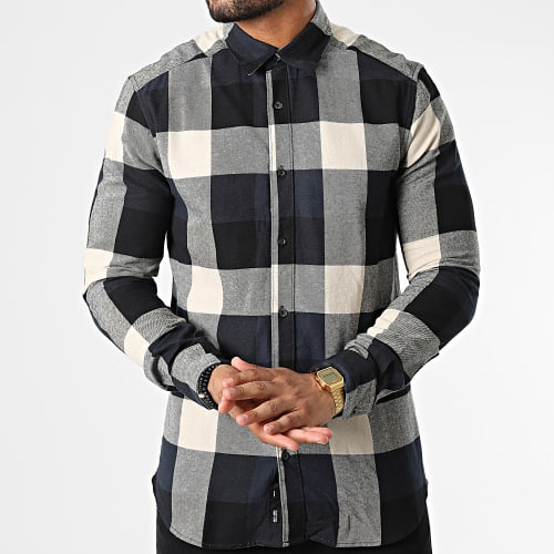 Chemise Manches Longues A Carreaux Gudmund Bleu Marine Beige