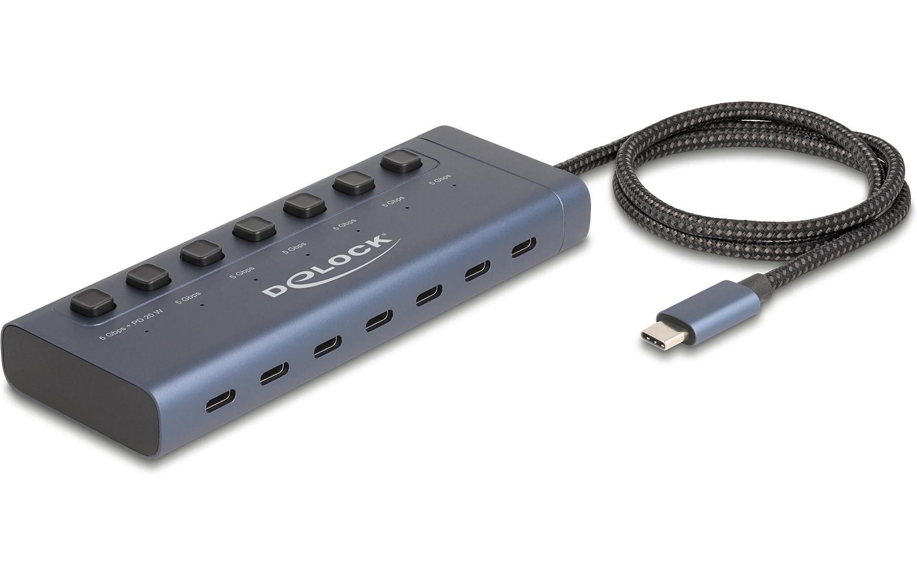 USB 5 Gbps HubUSB-Hub mit 7 USB Type-C Ports, davon 6 Datenports + 1 Daten/PD 20 Watt mit Schalter
