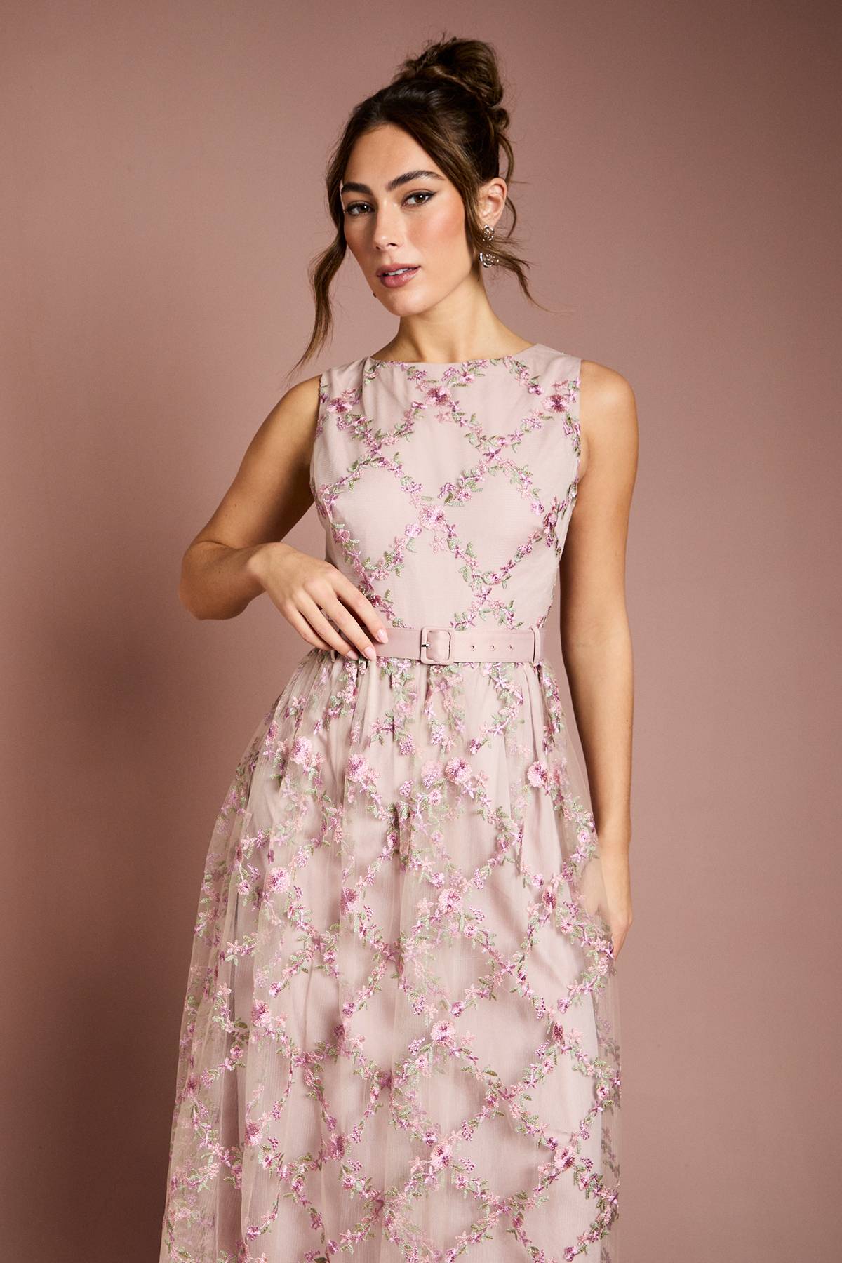 Coast Robe Midi en Maille Brodée de Fleurs Métallisées