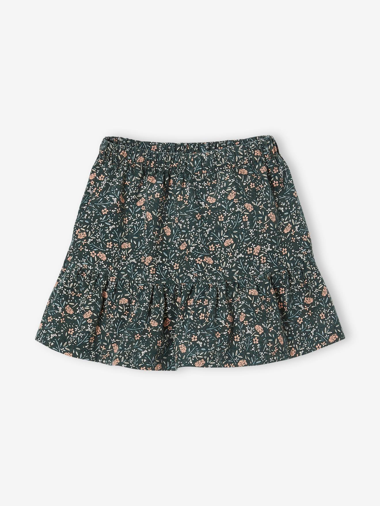 Saia de veludo com babados e estampa floral para meninas, rosa antigo