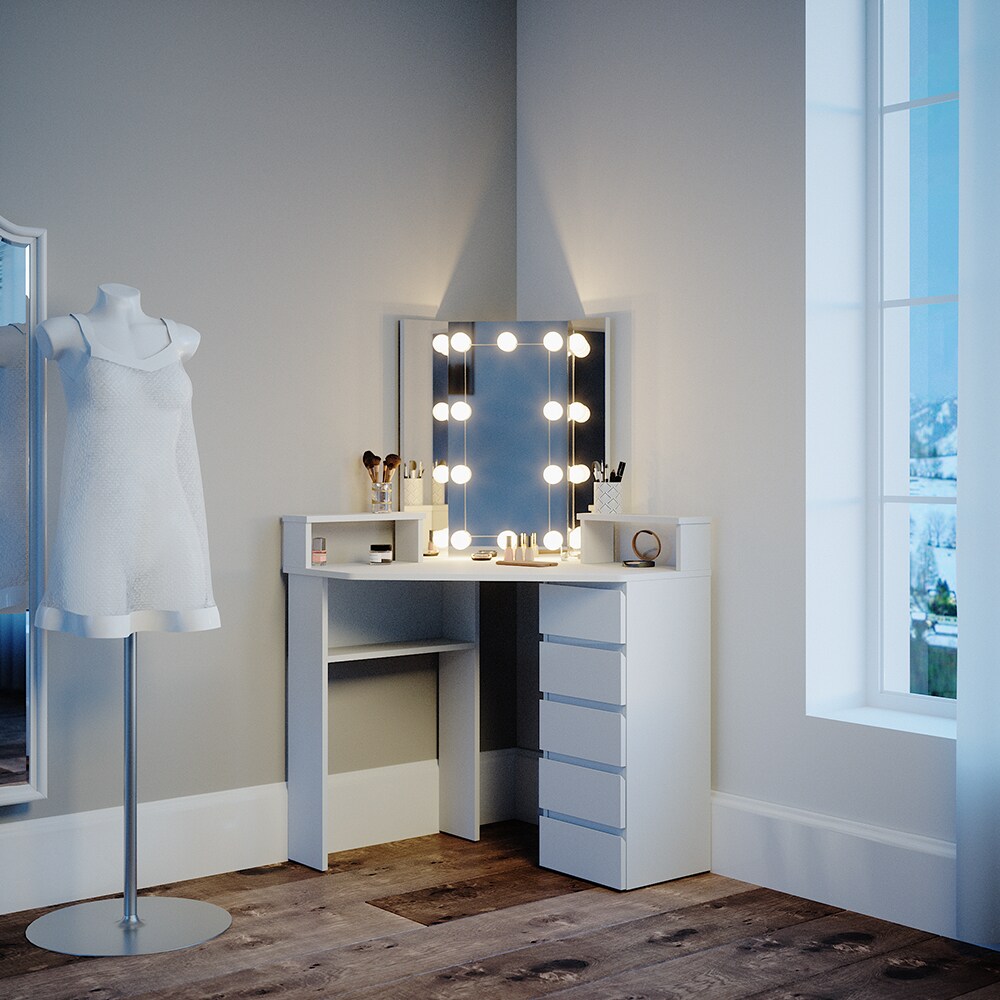 Vicco Eckschminktisch Frisiertisch Frisierkommode Tilda Weiß mit Spiegel mit LED