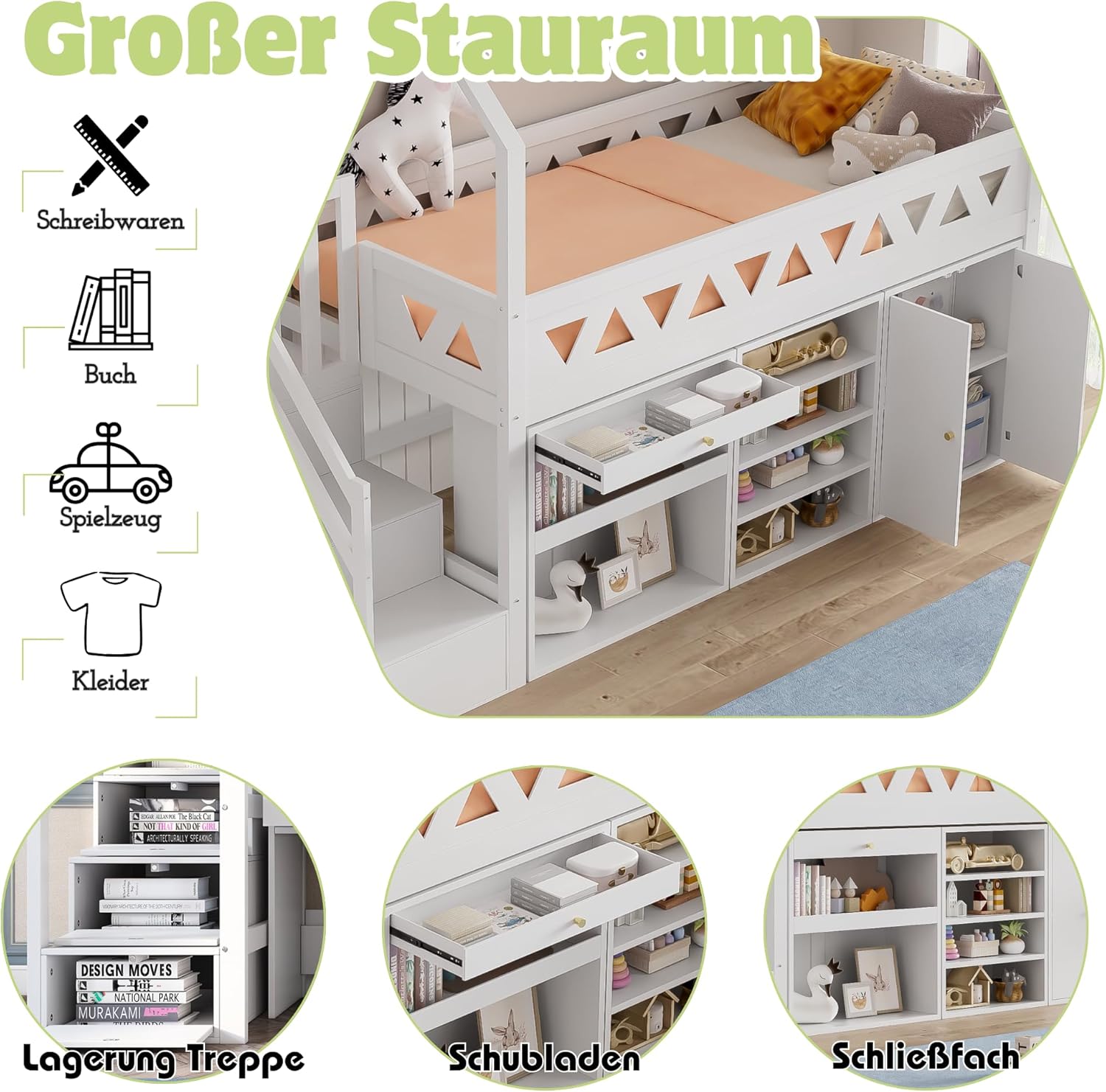 Merax Kinderbett Hochbett 90x200 cm, mit Treppe Staufach Stauraum,Rutsche,Schreibtisch,Schließfach,Platzsparendes Kinder Einzelbett mit Lattenrost und Rausfallschutz,Ohne Matratze,weiß,90 * 200cm