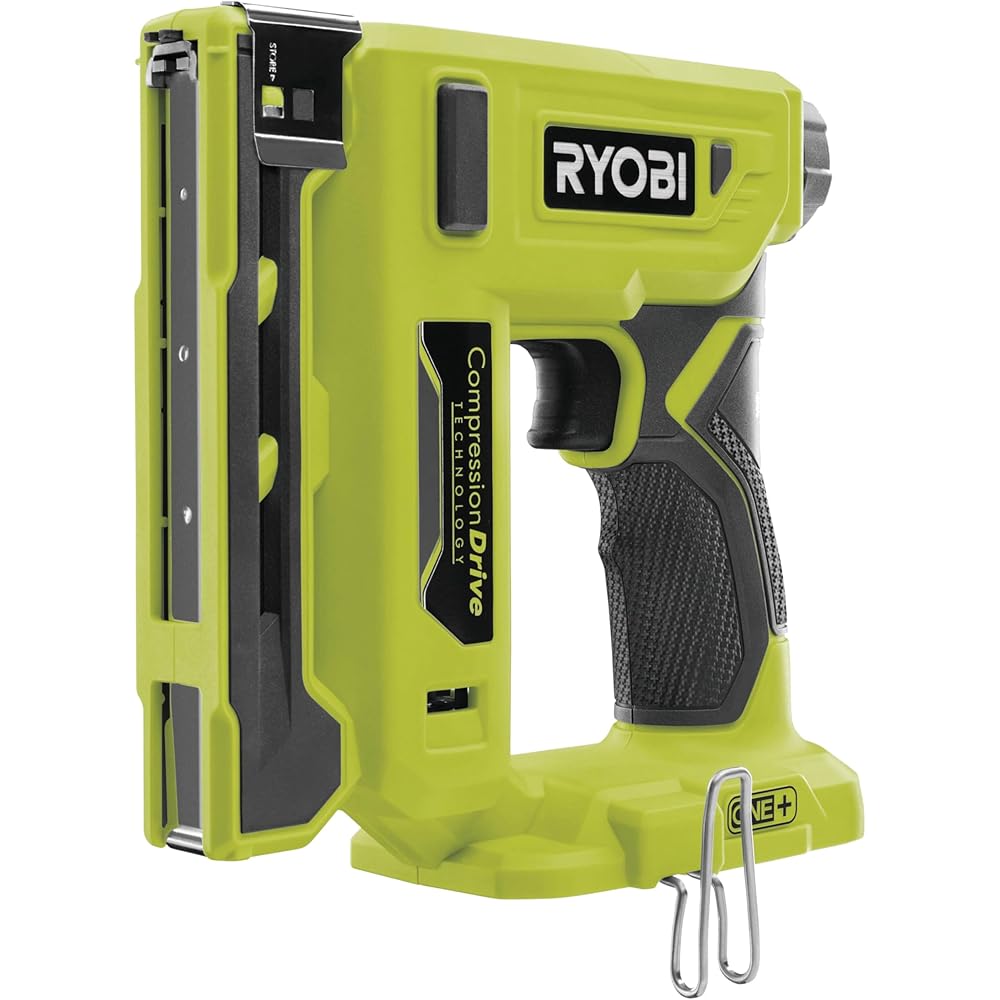 RYOBI - Agrafeuse 18V - agrafes dos 9,4 mm, longueur 6,35 mm à 14,3 mm - chargeur 90 agrafes - Livrée avec agrafes et crochet de maintien - R18ST50-0 : Bricolage