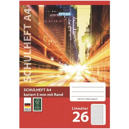 Stylex Schulheft City DIN A4, Lineatur 26, kariert mit 5 mm Rand