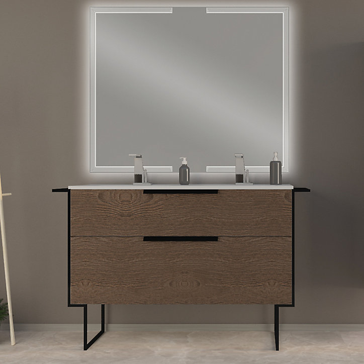 Meuble sous vasque à suspendre Urban aspect noyer 120 cm + plan double vasque en résine blanc