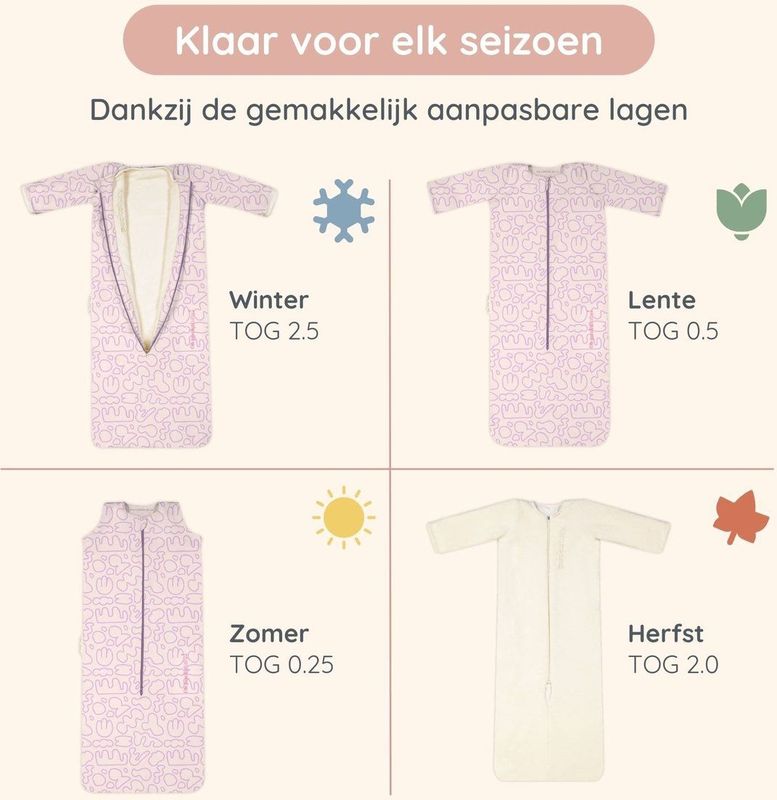 Puckababy Slaapzak 4 Seizoenen Baby - Zomerslaapzak en Winterslaapzak (6m-2,5j) - TOG 0.25 tot TOG 2.5 - Grafitti Clouds