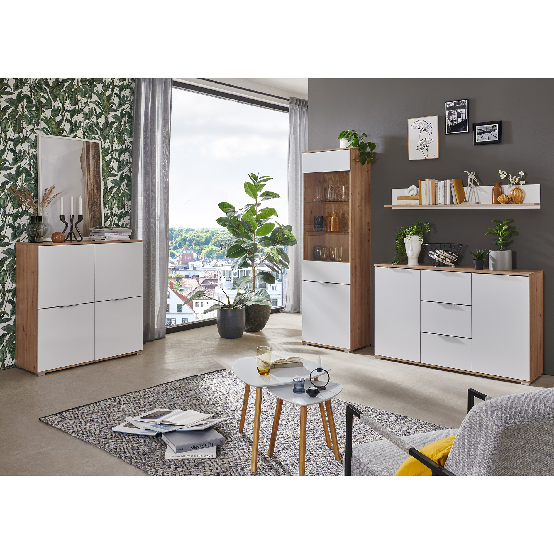 Sideboard - weiß Glanz - Artisan Eiche - 135 cm breit