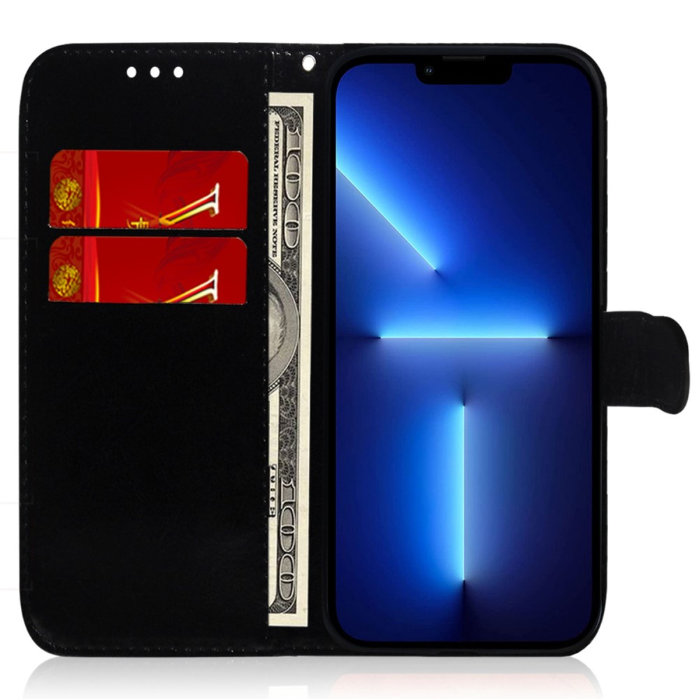 iPhone 14 Pro Leder Tasche Wallet mit Flower Laser Hologramm - Blau