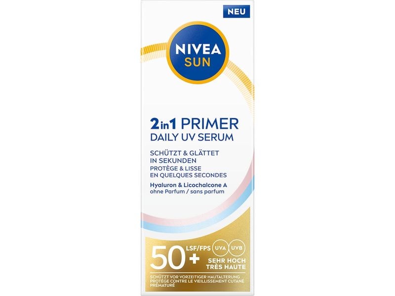 NIVEA SUN Serum UV Face 2in1 Primer Daily LSF 50  30 ml Parfümfreies Serum für alle Hauttypen bietet sofortigen Schutz vor UVA/UVB-Strahlen
