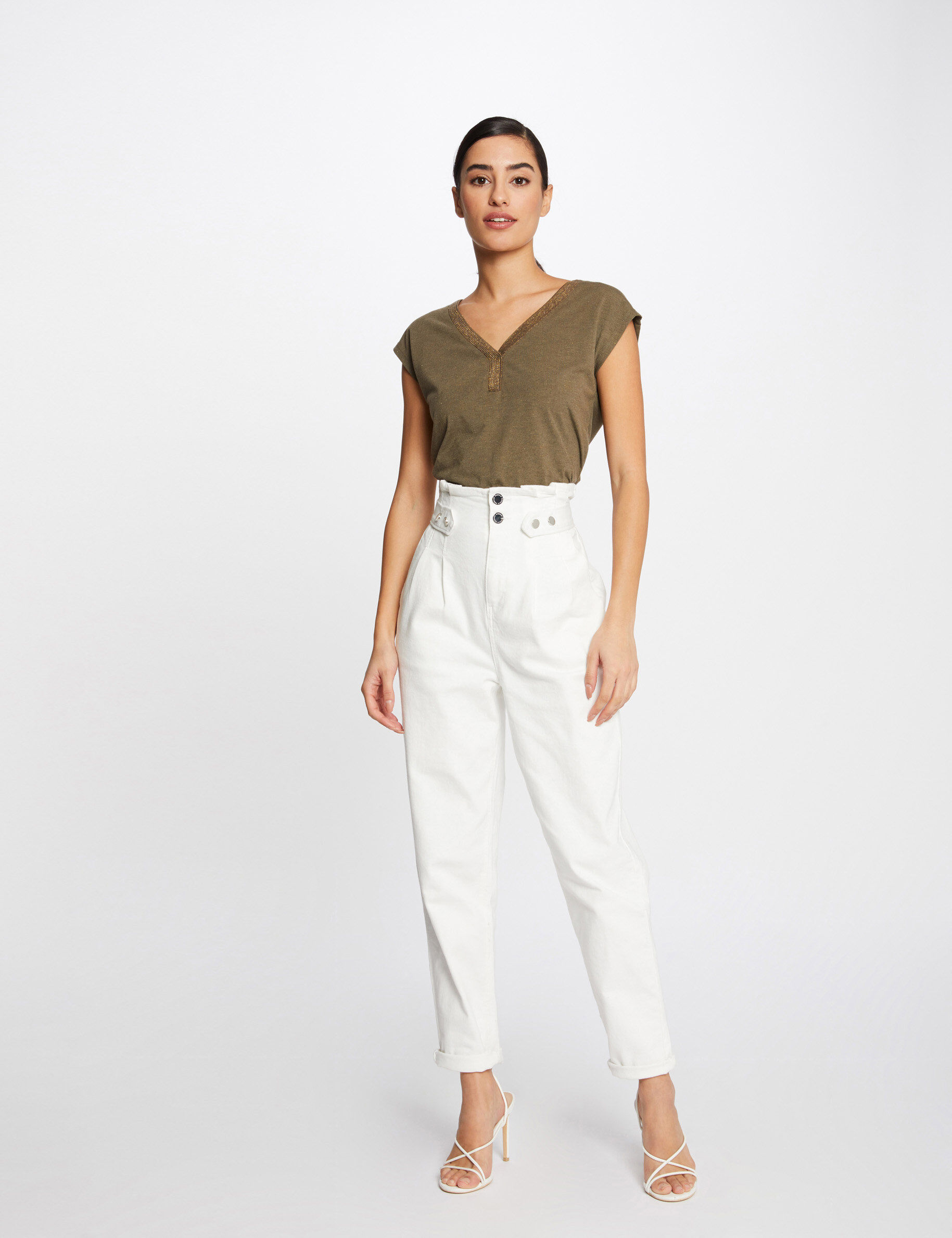 T-shirt manches courtes bande encolure vert kaki femme - vert_kaki