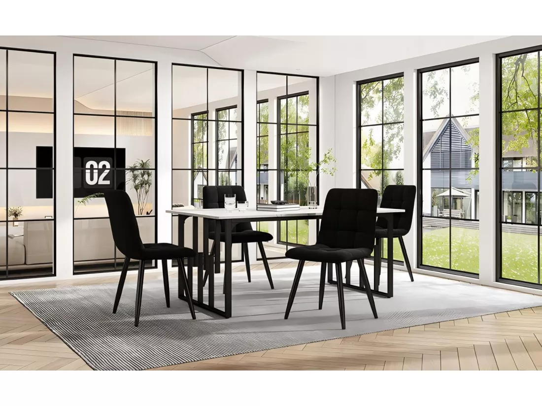 Table à manger 140x80x75cm, en MDF et acier, avec 4 chaises en velours, Effet marbre, table pied réglable, Blanc et Noir