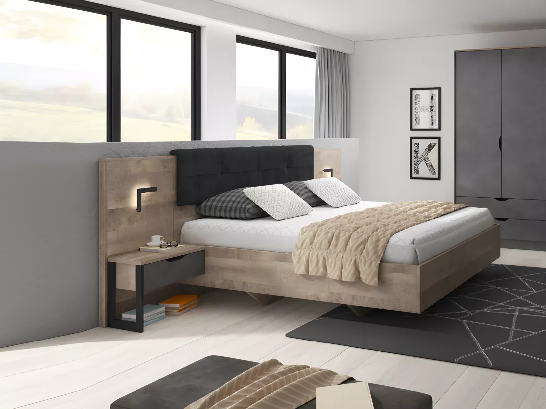 Lit avec chevets 160 x 200 cm - Avec LEDs - Coloris : Naturel et anthracite + Sommier - LAONILE