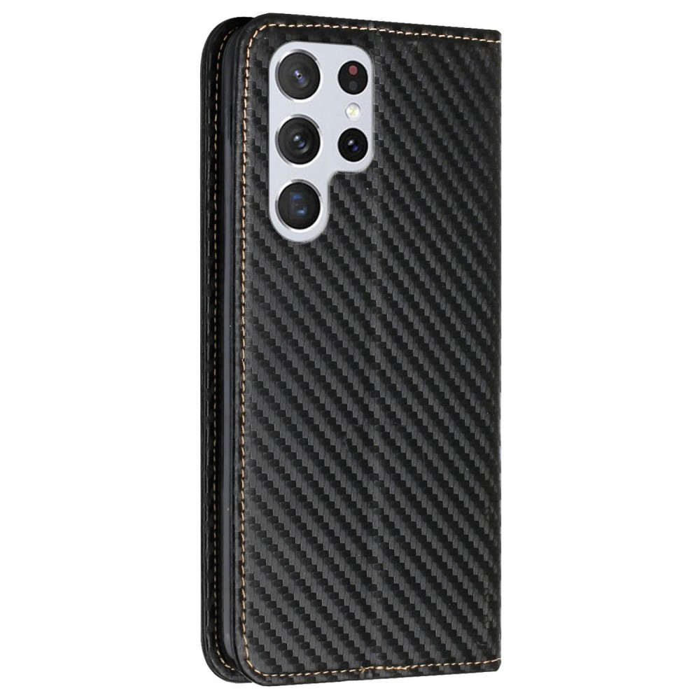 Samsung Galaxy S23 Ultra 5G Leder Tasche Flip Cover Carbon Look - Schwarz