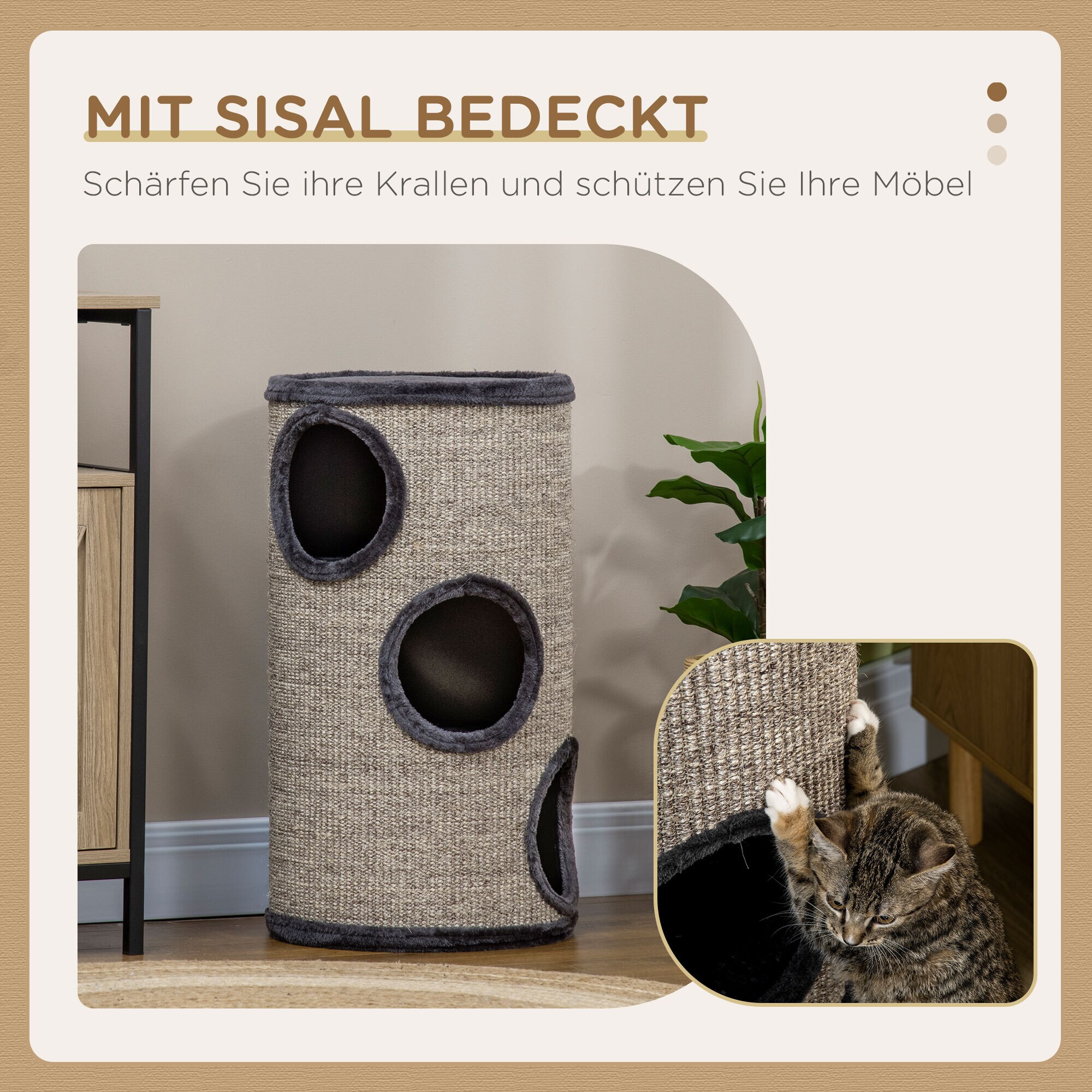 PawHut Kratztonne mit 3 Höhlen grau 38L x 38B x 70H cm