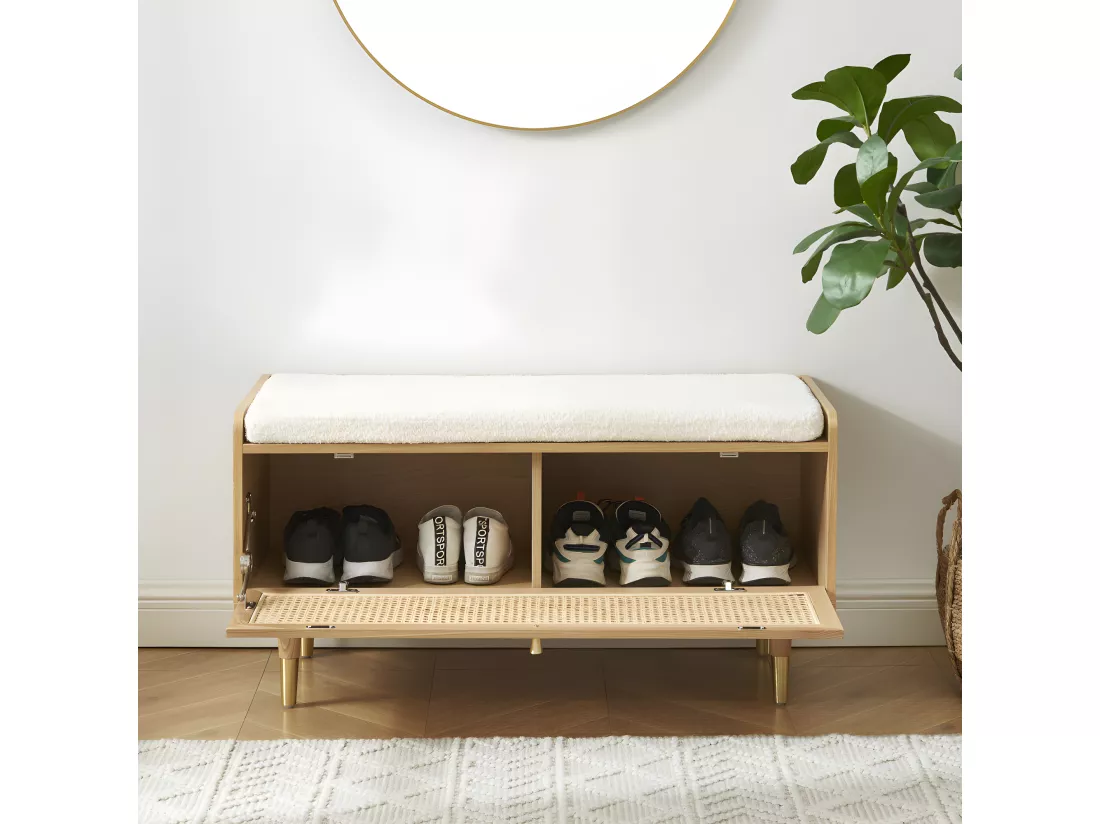 Bombong - Banc d'entrée avec rangement chaussures en bois et cannage L100cm - Bois clair