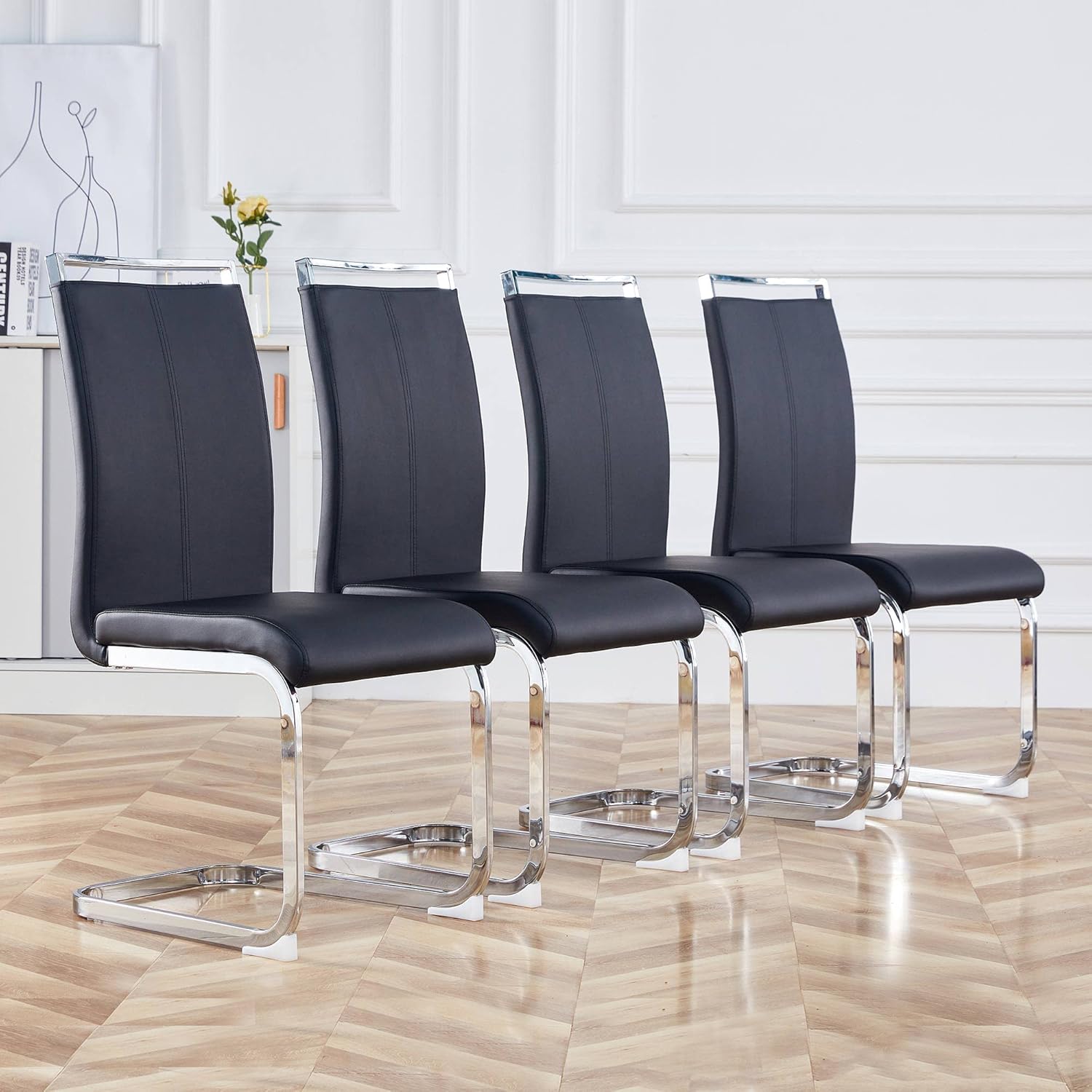 Merax Esszimmerstühle 4er Set, Freischwinger Schwingstuhl mit PU Kunstleder und hoher Rückenlehne, Moderner Küchenstuhl, Metallgestell, Polsterstuhl für Wohnzimmer Konferenzraum, Schwarz CH1071908