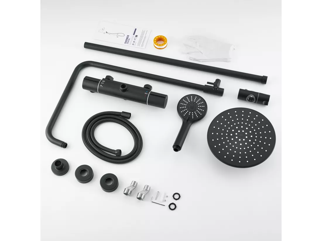 Colonne de Douche Noir avec Mitigeur Thermostatique, Mitigeur Douche avec Tête de Douche,Pommeau à Main 3 Jets,Hauteur Réglable 840-1210mm