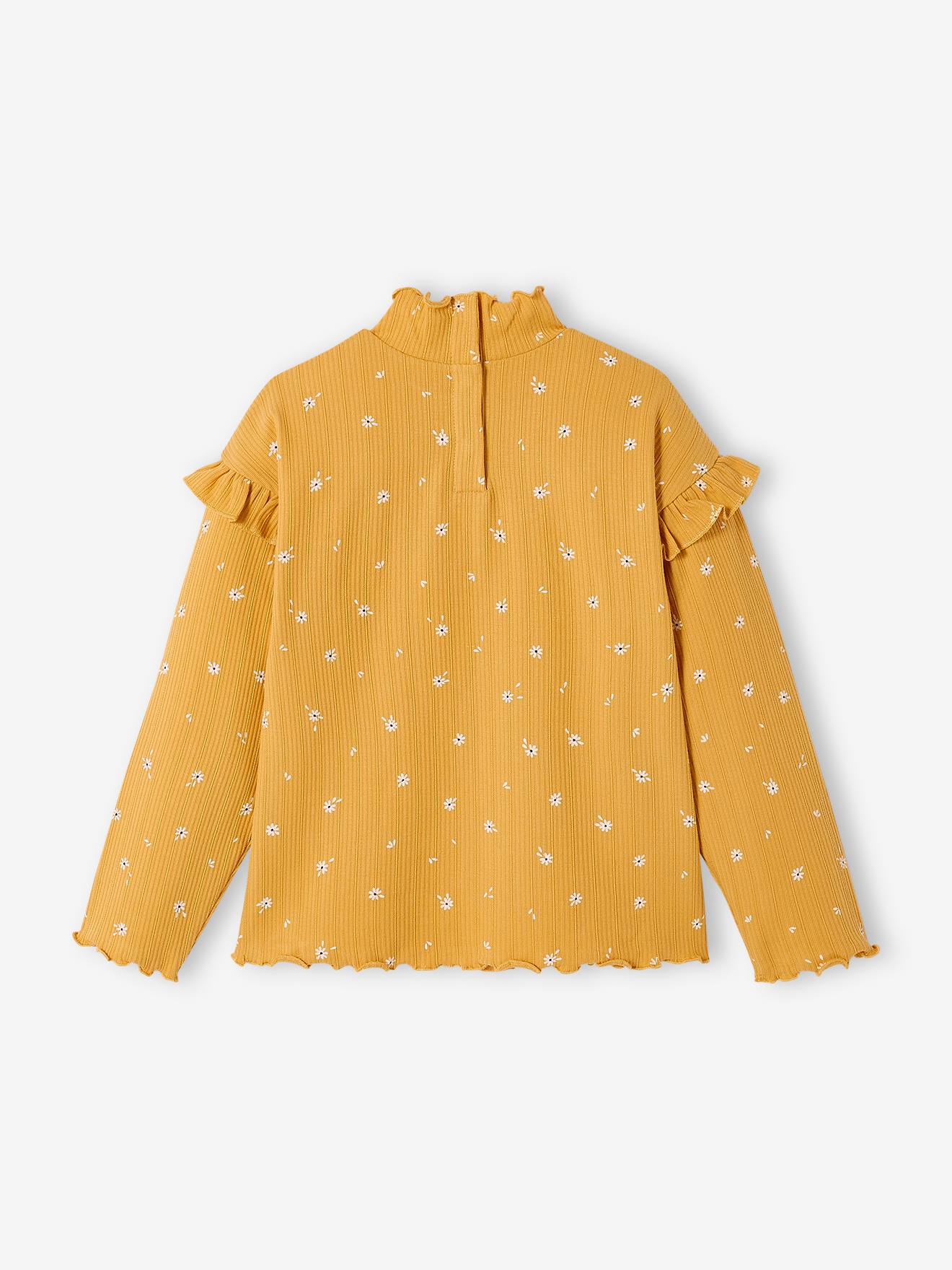 Camiseta infantil azul-escura estampada com gola alta em malha canelada e mangas com babados.