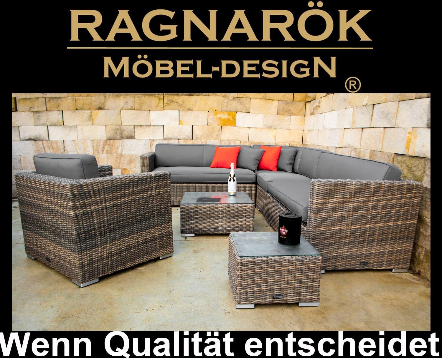 Ragnarök-Möbeldesign PolyRattan Lounge - Deutscher Hersteller - 8 Jahre GARANTIE - Gartenmöbel Sitzgruppe Tisch Aluminium Rostfrei auch Seitenverkehrt stellbar Sessel Rattan Natur Polster Grau