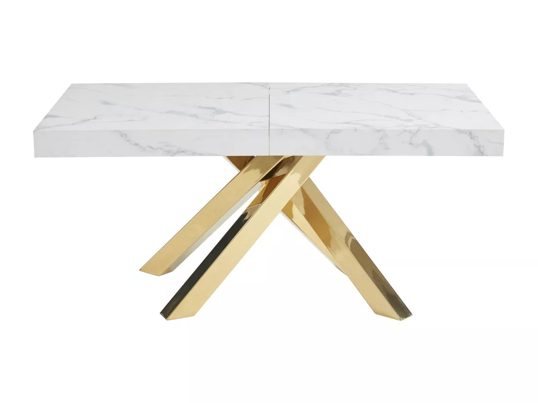 Table à manger extensible 6 à 10 personnes en MDF et métal - Effet marbre blanc et doré - CATONAV
