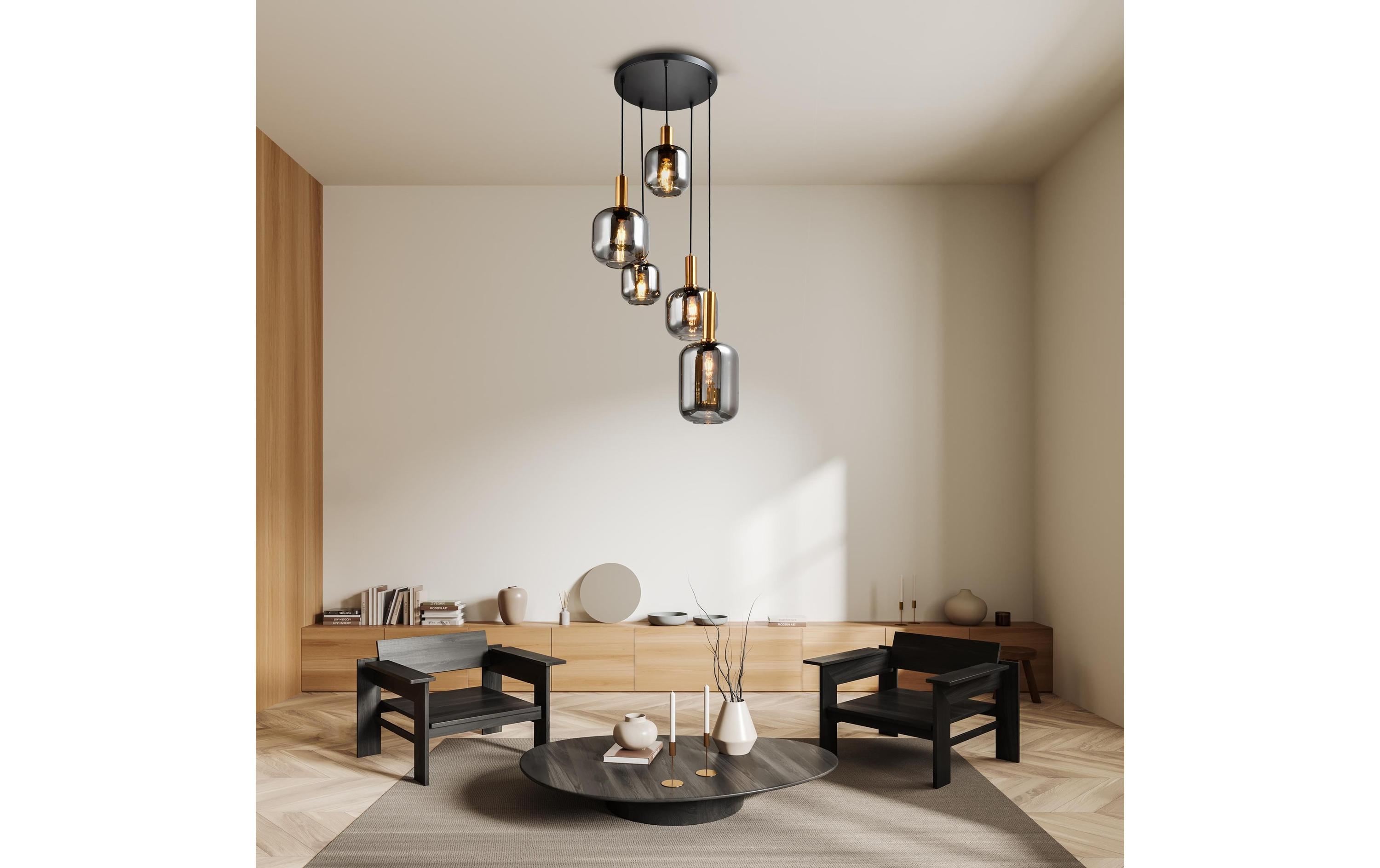 Pendelleuchte 5er «FUMO»<br>Fünf Hängeleuchten aus Metall und Glas