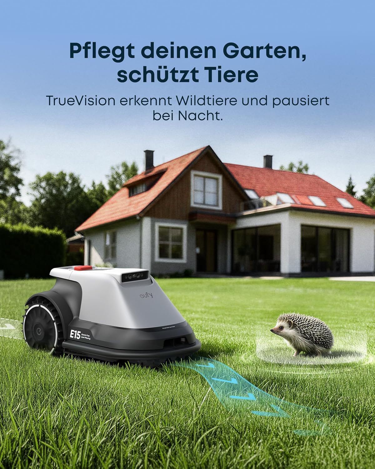 eufy E15 Mähroboter ohne Begrenzungskabel, Keine Signalausfälle, Kein RTK, TrueVision Technologie, Smart-Navigation, Garten bis 800m², Präzisionsrandschnitt, Hindernisvermeidung, App-Steuerung
